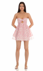 Floral Shimmer Cutout Babydoll Dress in Pink
