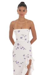 Floral Strapless Back Bow Corset Maxi Dress in White