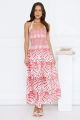 Leona Halter Embroidered Maxi Dress Red