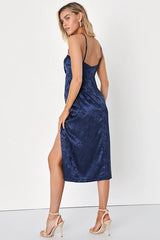 Desirable Dream Navy Blue Satin Jacquard Halter Neck Midi Dress