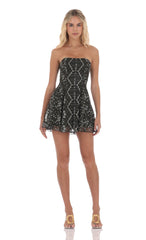 Gold Thread Strapless Fit and Flare Dress in Black