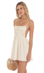 Ruched Floral Open Back Dress in Cream