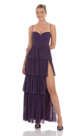 Mesh Ruffle Maxi Dress in Dark Purple