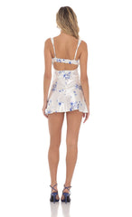 Satin Floral Open Back Dress in White