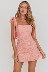 Neriah Tied Shoulder Lace Mini Dress Blush