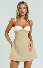 Simona Mini Dress Strapless Contrast Neck Tulip Skirt Dress in Beige