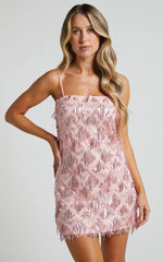 Shook Mini Dress Cami Sequin Fringe Dress in Pink Sequin