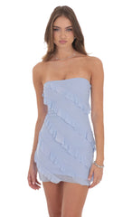 Mesh Rhinestone Strapless Ruffle Dress in Powder Blue