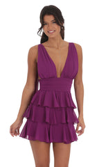 Plunge Neck Ruffle Dress in Purple