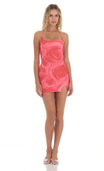 Mesh Rose Bodycon Dress in Pink and Red