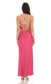 Satin Open Back Maxi Dress in Pink
