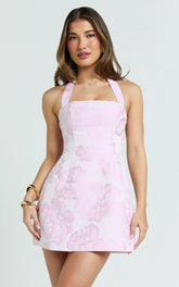 Gabbie Mini Dress Jacquard Halter Fit And Flare Dress in Pink