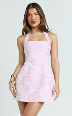 Gabbie Mini Dress Jacquard Halter Fit And Flare Dress in Pink