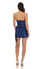 Metallic Corset Tassel Dress in Blue