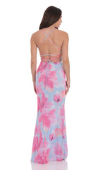 Floral Open Back Maxi Dress in Blue and Pink