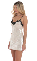 Floral Trim Sequin Dress in Cream