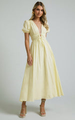 Portofino Midi Dress - V Neck Puff Sleeve Dress in Yellow