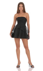 Dotted Petal Ruffle Strapless Dress in Black