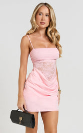 Rania Mini Dress Square Neck Cowl Waist Lace Dress in Pink