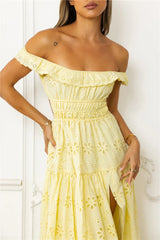 Secrets You Keep Off Shoulder Embroidered Maxi Dress Yellow