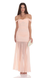 Mesh Off Shoulder Ruched Maxi Dress in Blush Pink