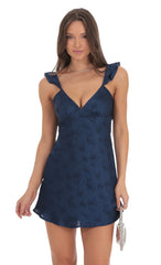 Satin Floral Open Back Slip Dress in Navy