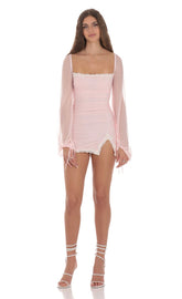 Mesh Lace Ruched Dress in Baby Pink