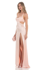 Satin Cutout Maxi Dress in Peach