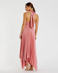 Pleated Halter Neck Asymmetrical Hem Gown