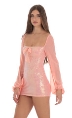 Sequin Balloon Sleeve Bodycon Dress in Coral
