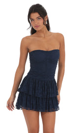 Lace Strapless Ruched Ruffle Dress in Navy