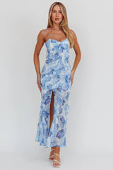 Frannie Vertical Ruffle Maxi Dress Floral Blue