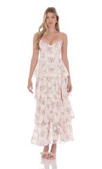 Floral Ruffle A-line Maxi Dress in Cream