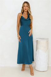 Night's Allure Satin Halter Maxi Dress Teal
