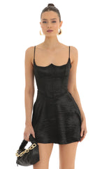 Satin Corset Fit and Flare Dress in Black