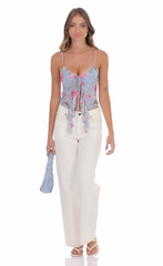 Mesh Floral Front Tassel Top in Blue