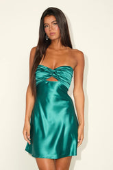 Narina Teal Green Satin Pleated Strapless Mini Dress
