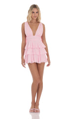 Plunge Neck Ruffle Dress in Pink