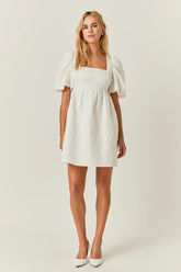 Open Back Floral Jacquard Puff Dress