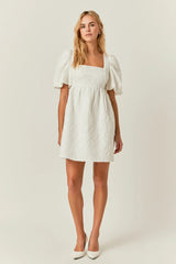 Open Back Floral Jacquard Puff Dress