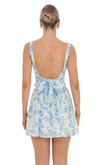Floral Open Back Flare Dress in White and Blue