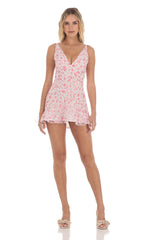 Floral Shimmer V-Neck Ruffle Dress in White