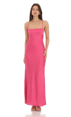 Satin Open Back Maxi Dress in Pink