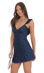 Satin Floral Open Back Slip Dress in Navy