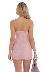 Shimmer Ruched Strapless Dress in Pink