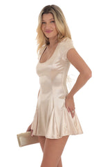 Satin Back Bow Flare Dress in Champagne