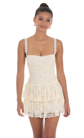 Lace Ruched Ruffle Dress in Cream