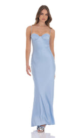 Open Back Satin Maxi Dress in Light Blue