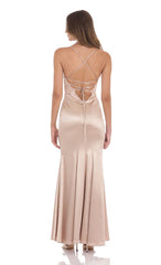 Satin Open Back Mermaid Maxi Dress in Champagne