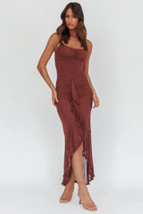 Kamilah Gathered Cascading Ruffle Midi Dress Maroon